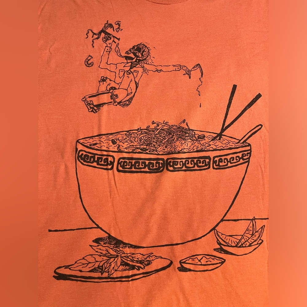 Orange Vans X Johnny Layton skeleton Ramen skater graphic T-shirt size 2XL